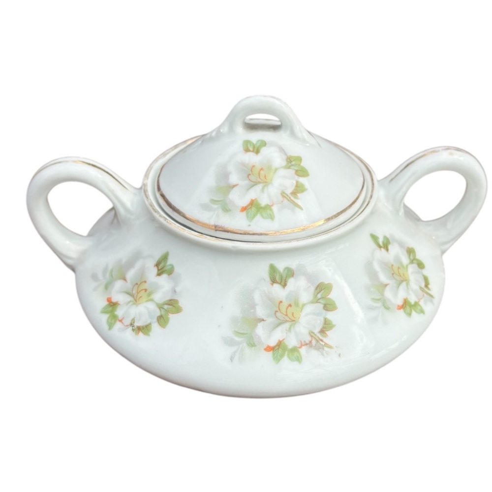 Vintage Germany Sugar Bowl White Hibiscus Blossoms Green Leaves